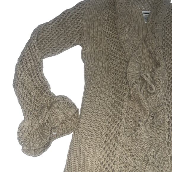 Y2K Ruffle Tan Tie Front Cardigan Midi Length Medium - Picture 3 of 9